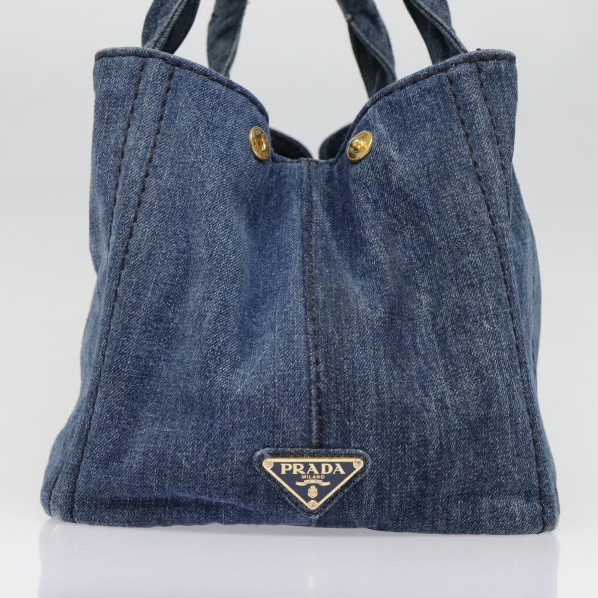 PRADA Canapa MM Hand Bag Denim Blue Gold Auth yk15133