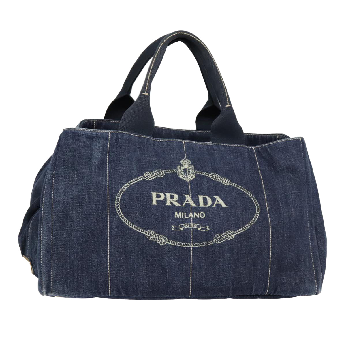 PRADA Canapa GM Hand Bag Denim Navy Gold Auth yk15134