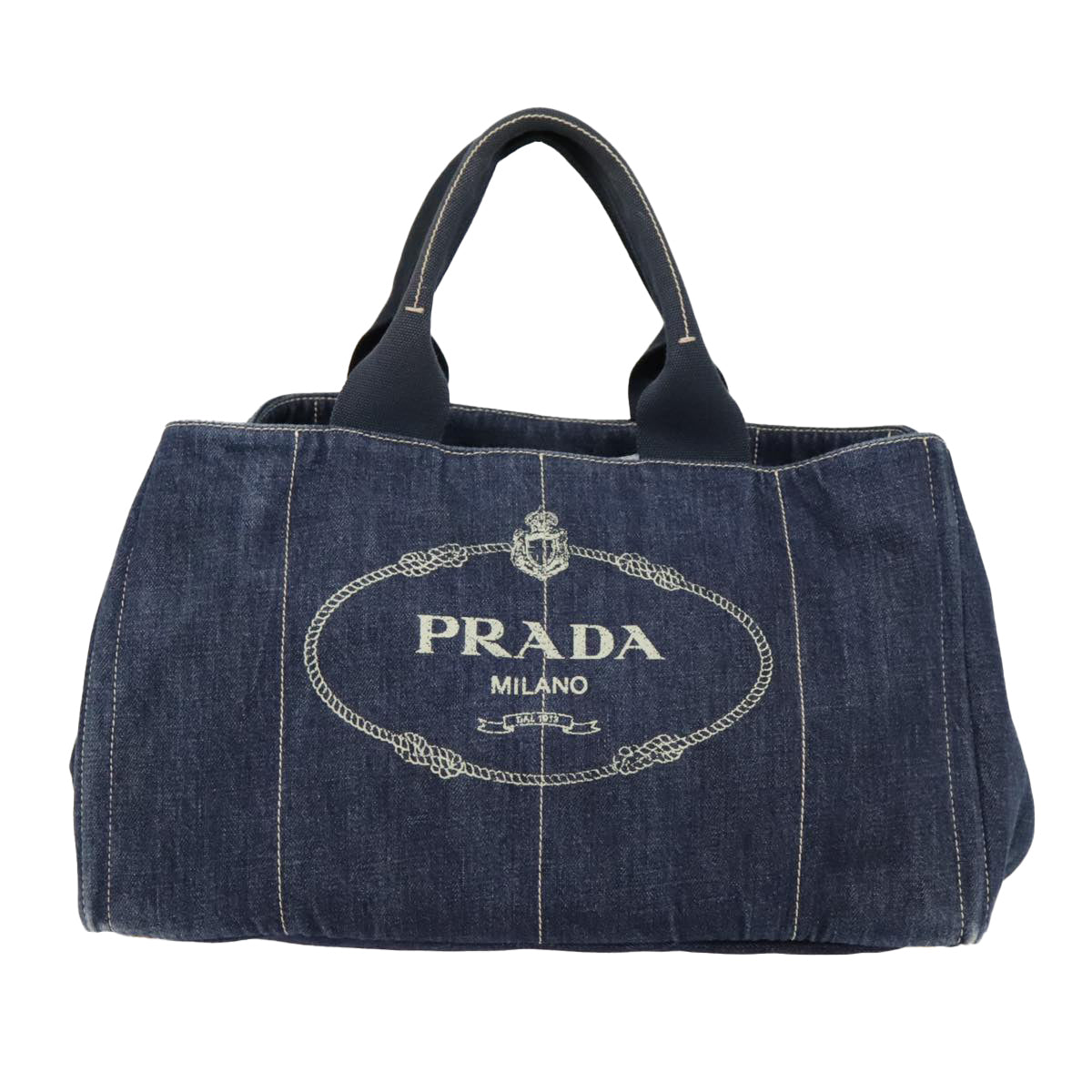 PRADA Canapa GM Hand Bag Denim Navy Gold Auth yk15134