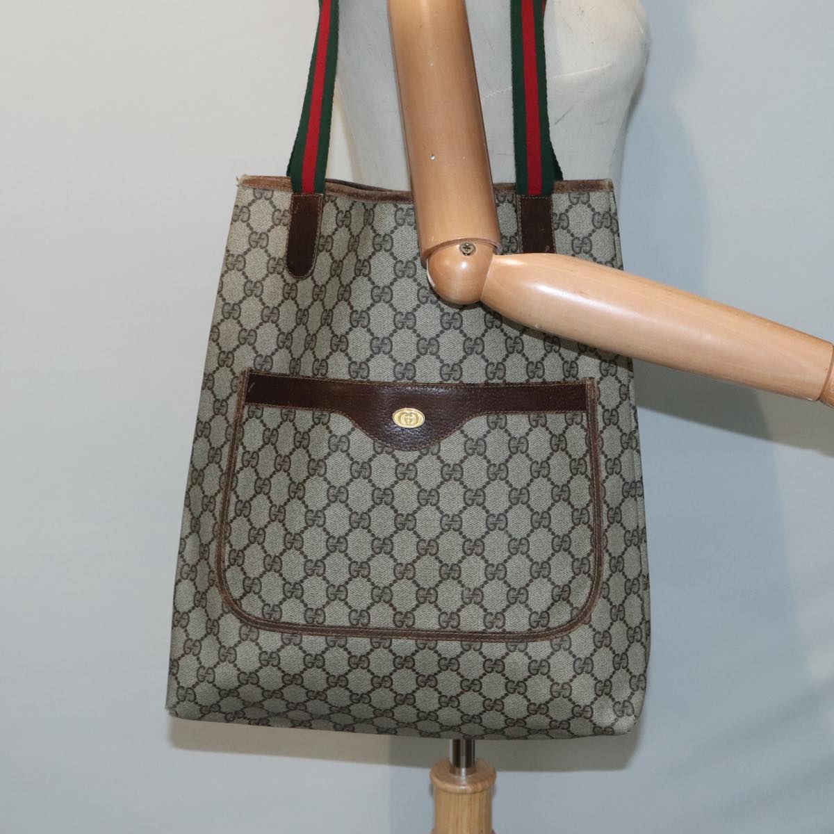 GUCCI GG Supreme Web Sherry Line Tote Bag PVC Beige Red 16 002 4487 Auth yk15139