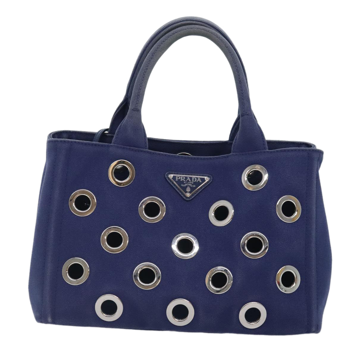 PRADA Canapa PM Hand Bag Canvas 2way Navy Silver Auth yk15141