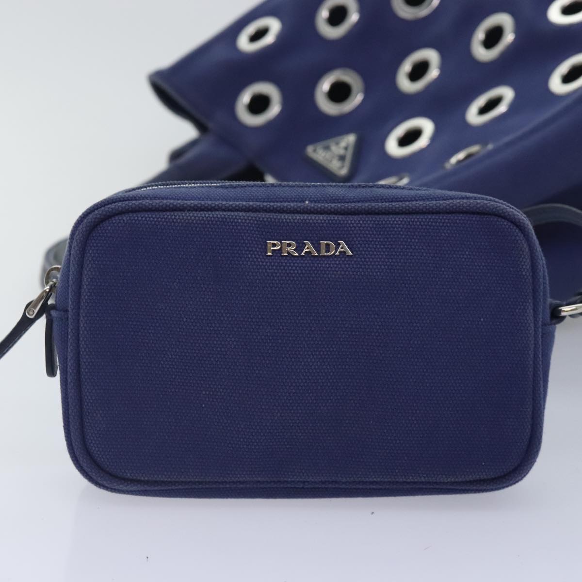 PRADA Canapa PM Hand Bag Canvas 2way Navy Silver Auth yk15141