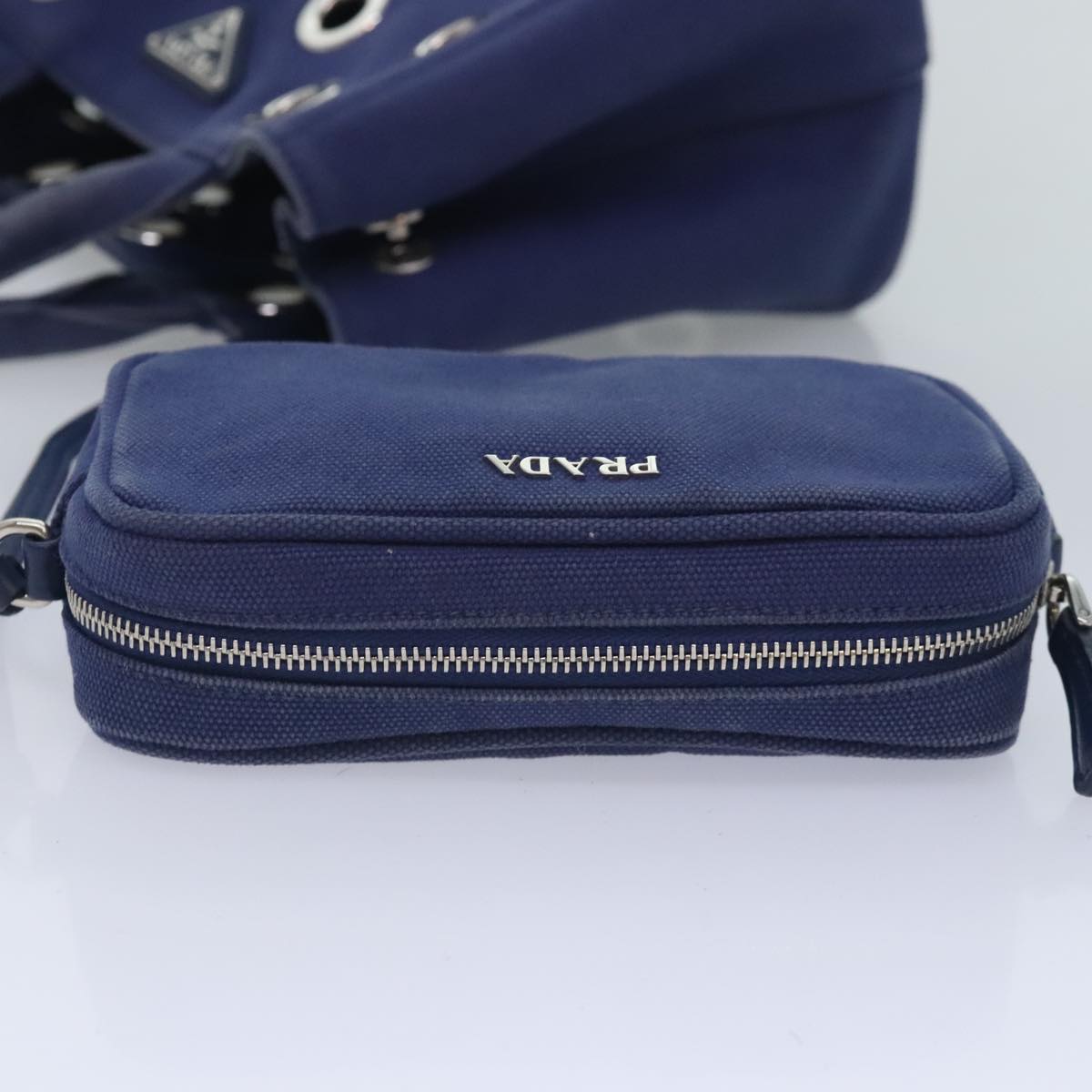 PRADA Canapa PM Hand Bag Canvas 2way Navy Silver Auth yk15141