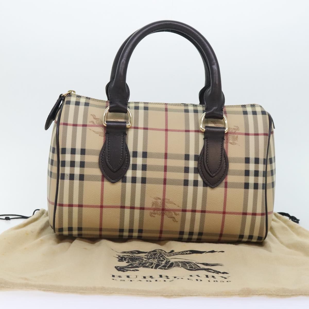 BURBERRY Nova Check Boston Bag PVC Gold Beige Auth yk15146A