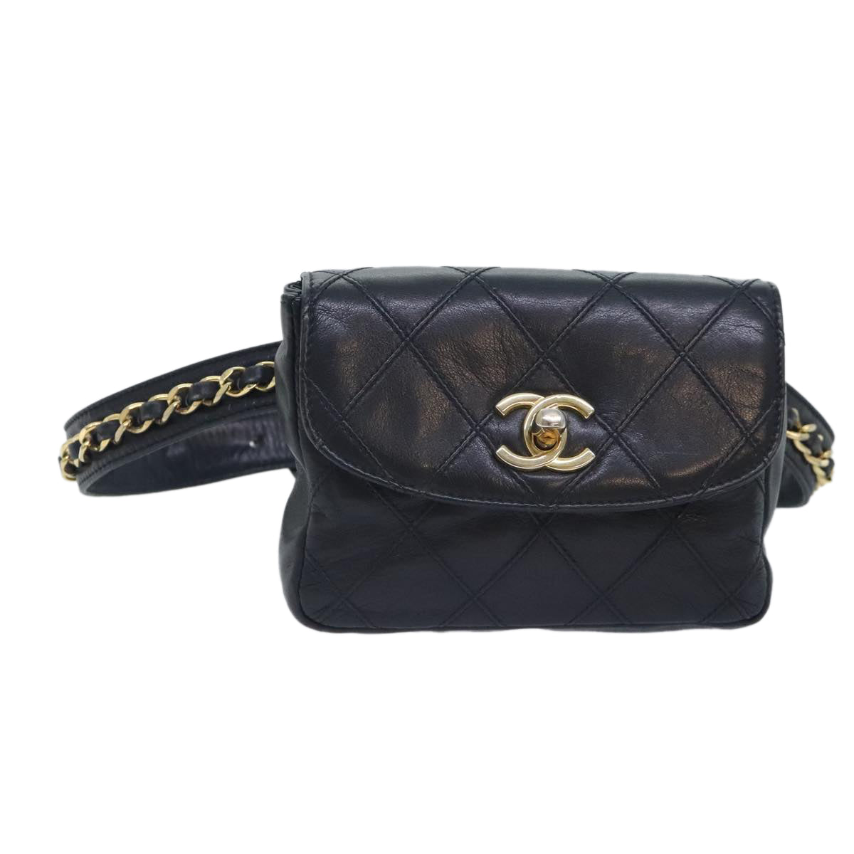 CHANEL Bicolore Chain Waist bag Leather Black Gold CC Auth yk15152