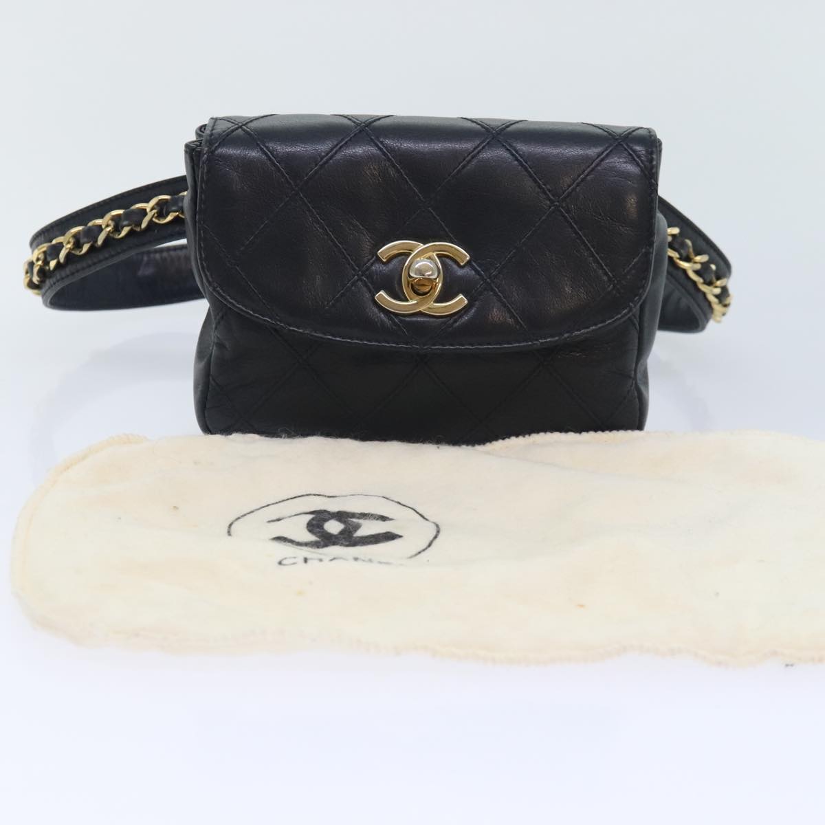 CHANEL Bicolore Chain Waist bag Leather Black Gold CC Auth yk15152