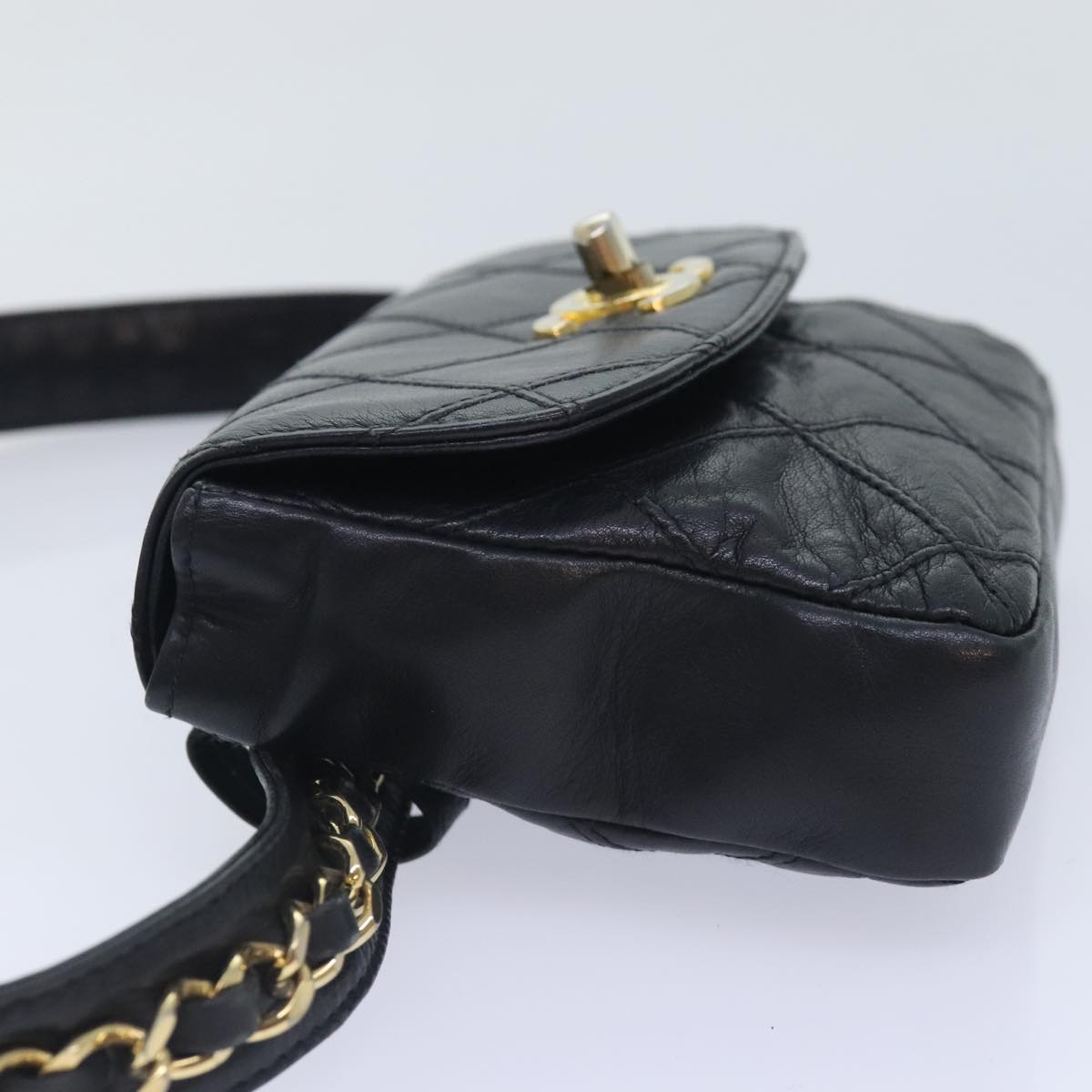 CHANEL Bicolore Chain Waist bag Leather Black Gold CC Auth yk15152