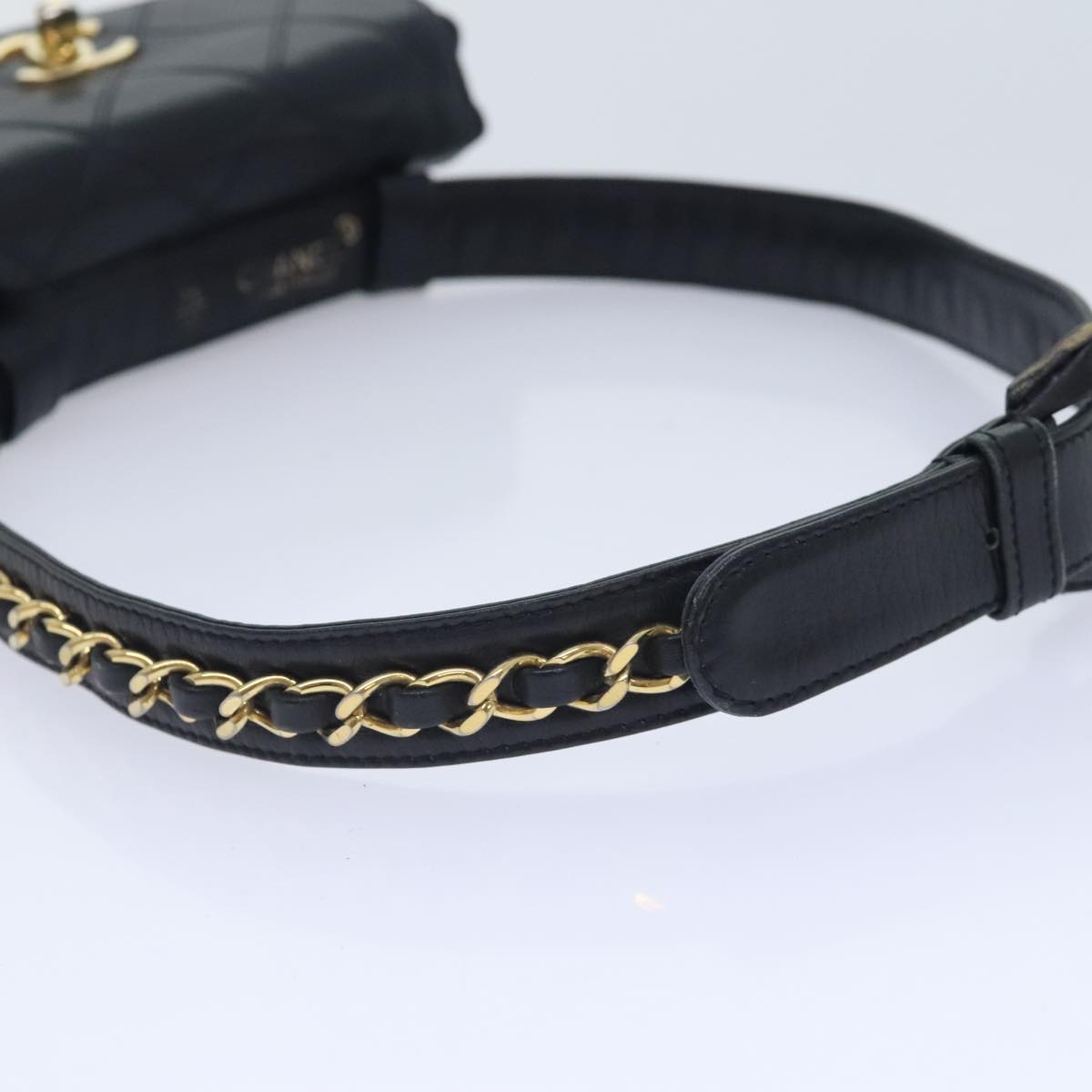 CHANEL Bicolore Chain Waist bag Leather Black Gold CC Auth yk15152