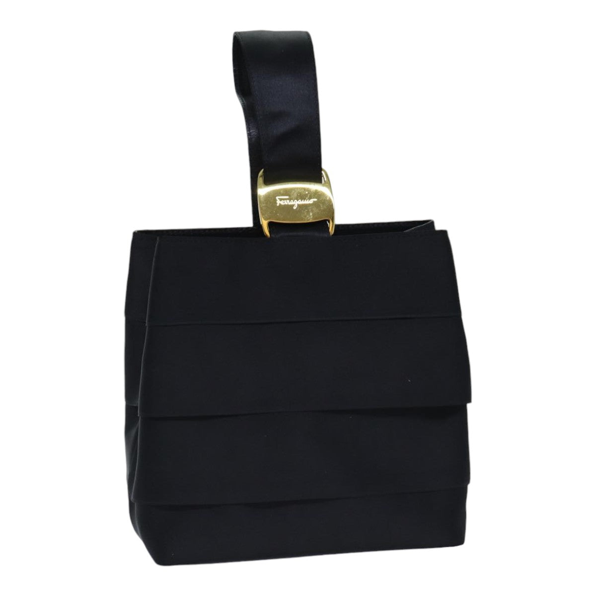 Salvatore Ferragamo Vala Hand Bag Satin Black Gold Auth yk15155