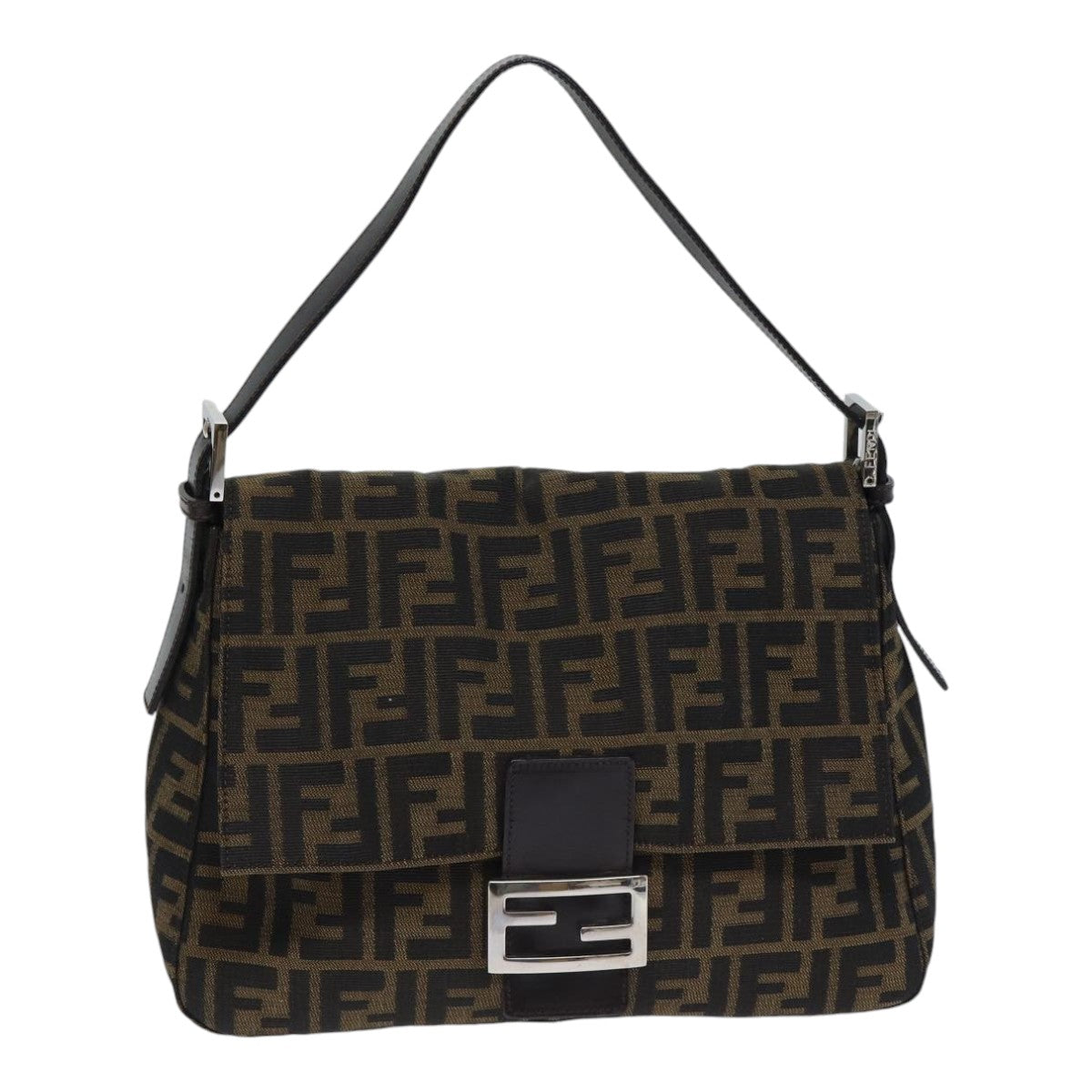 FENDI Zucca Canvas Mamma Baguette Shoulder Bag Brown Black Silver Auth yk15179A