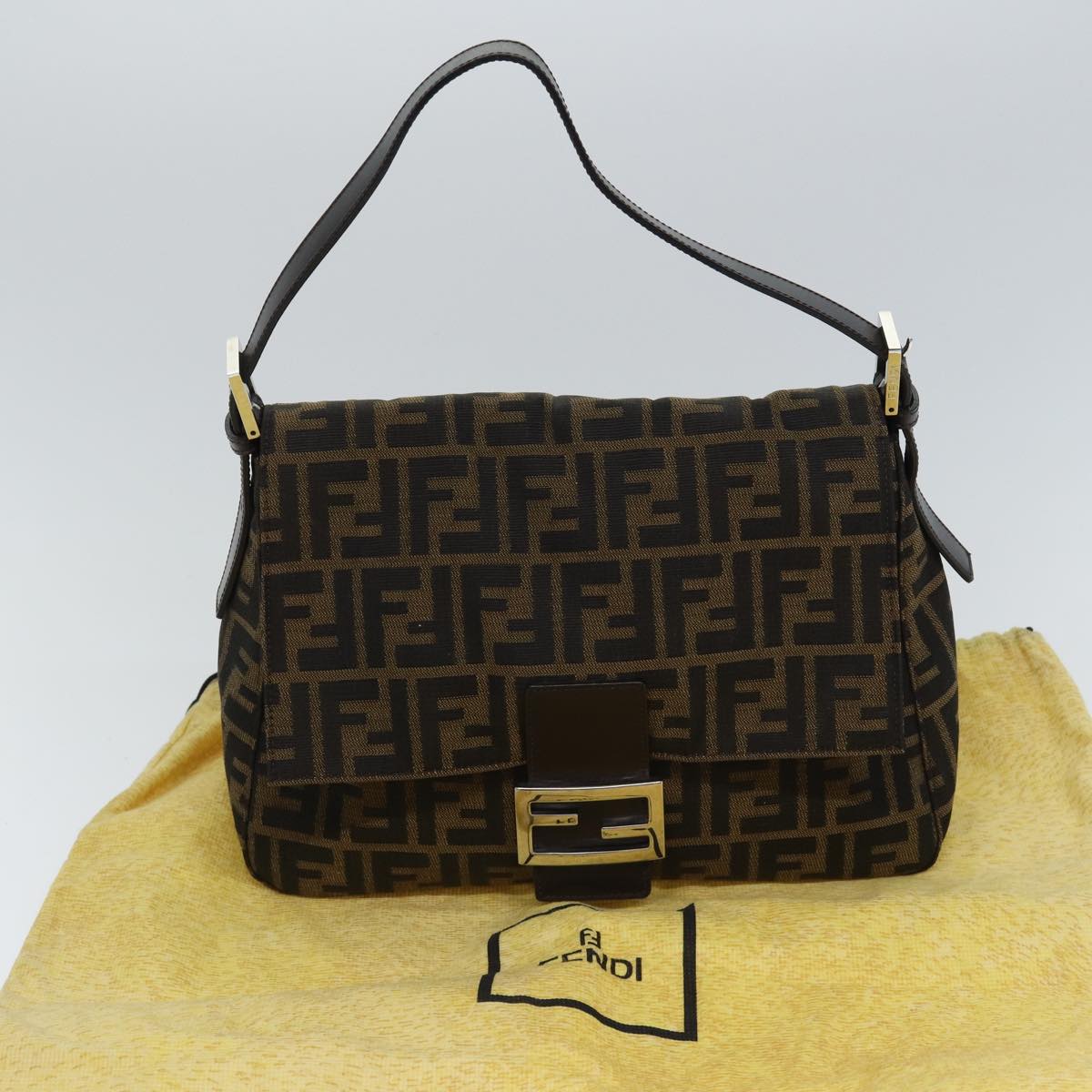 FENDI Zucca Canvas Mamma Baguette Shoulder Bag Brown Black Silver Auth yk15179A