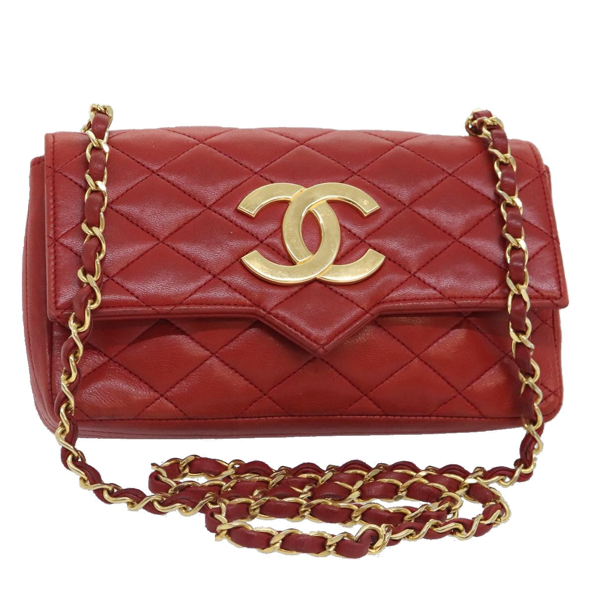 CHANEL Matelasse Big COCO Mark Chain Bag Lamb Skin Red Gold CC Auth yk15196