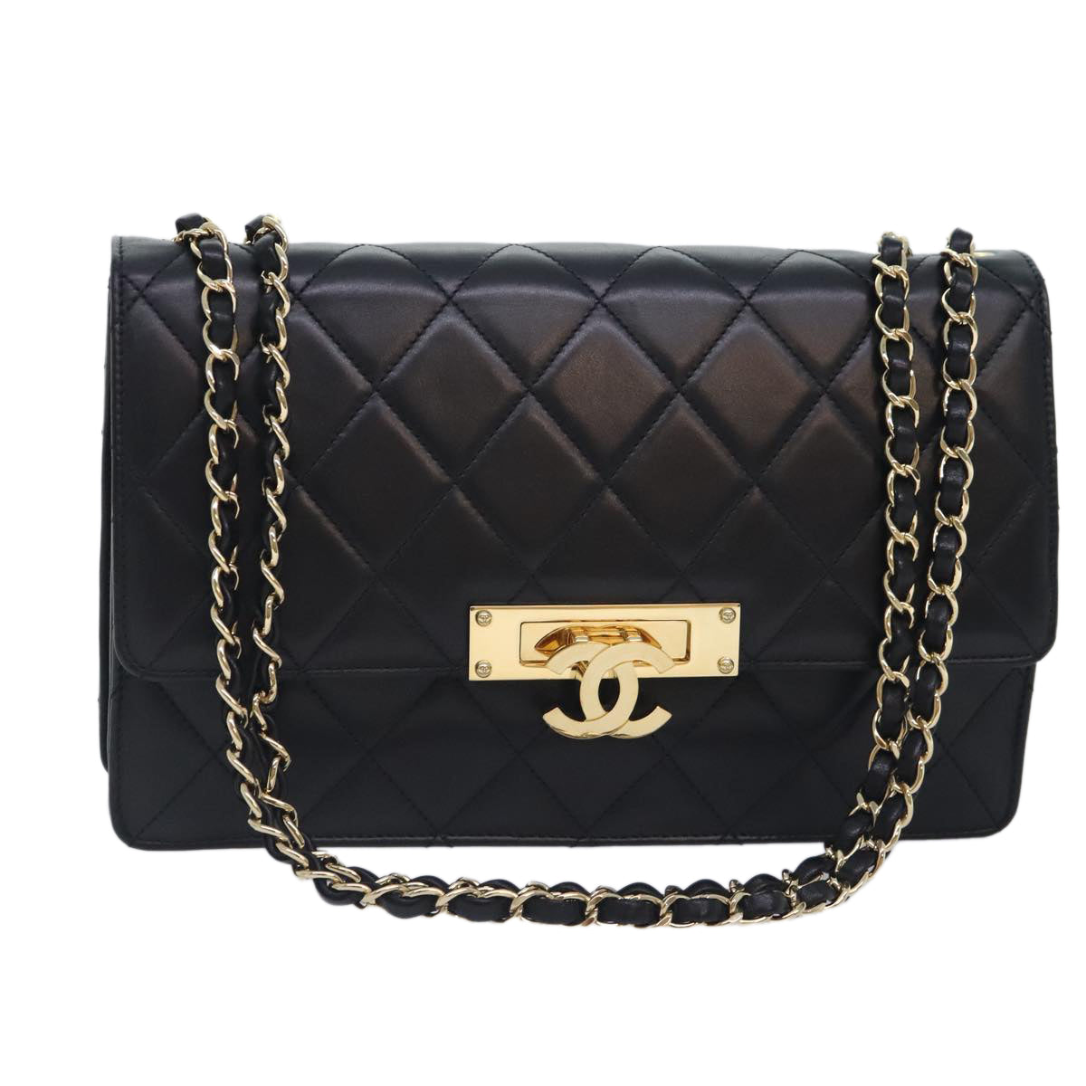 CHANEL Matelasse  COCO Mark Chain Bag Lamb Skin Black Gold CC Auth yk15214A