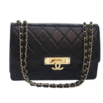 CHANEL Matelasse  COCO Mark Chain Bag Lamb Skin Black Gold CC Auth yk15214AV