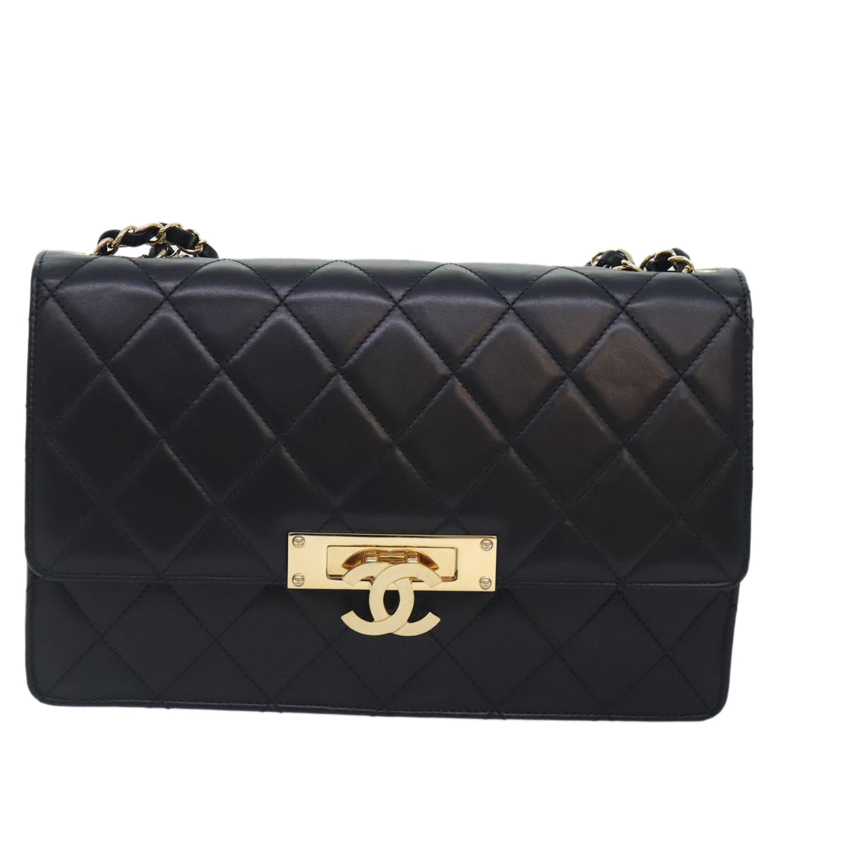 CHANEL Matelasse  COCO Mark Chain Bag Lamb Skin Black Gold CC Auth yk15214A