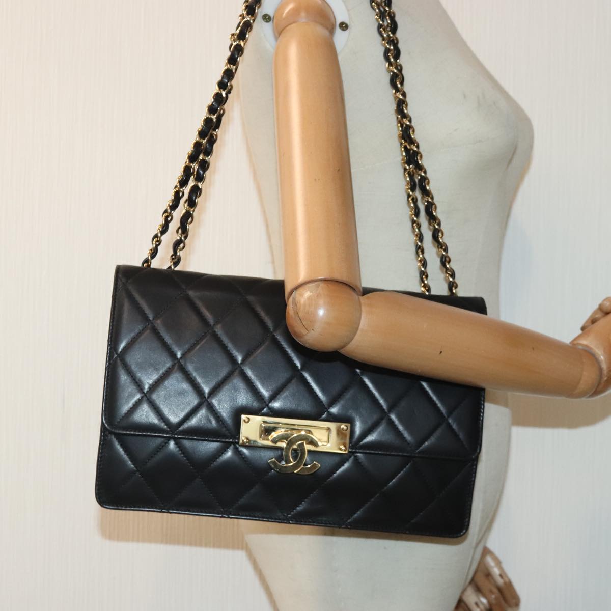 CHANEL Matelasse  COCO Mark Chain Bag Lamb Skin Black Gold CC Auth yk15214A