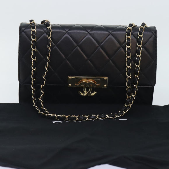 CHANEL Matelasse  COCO Mark Chain Bag Lamb Skin Black Gold CC Auth yk15214AV