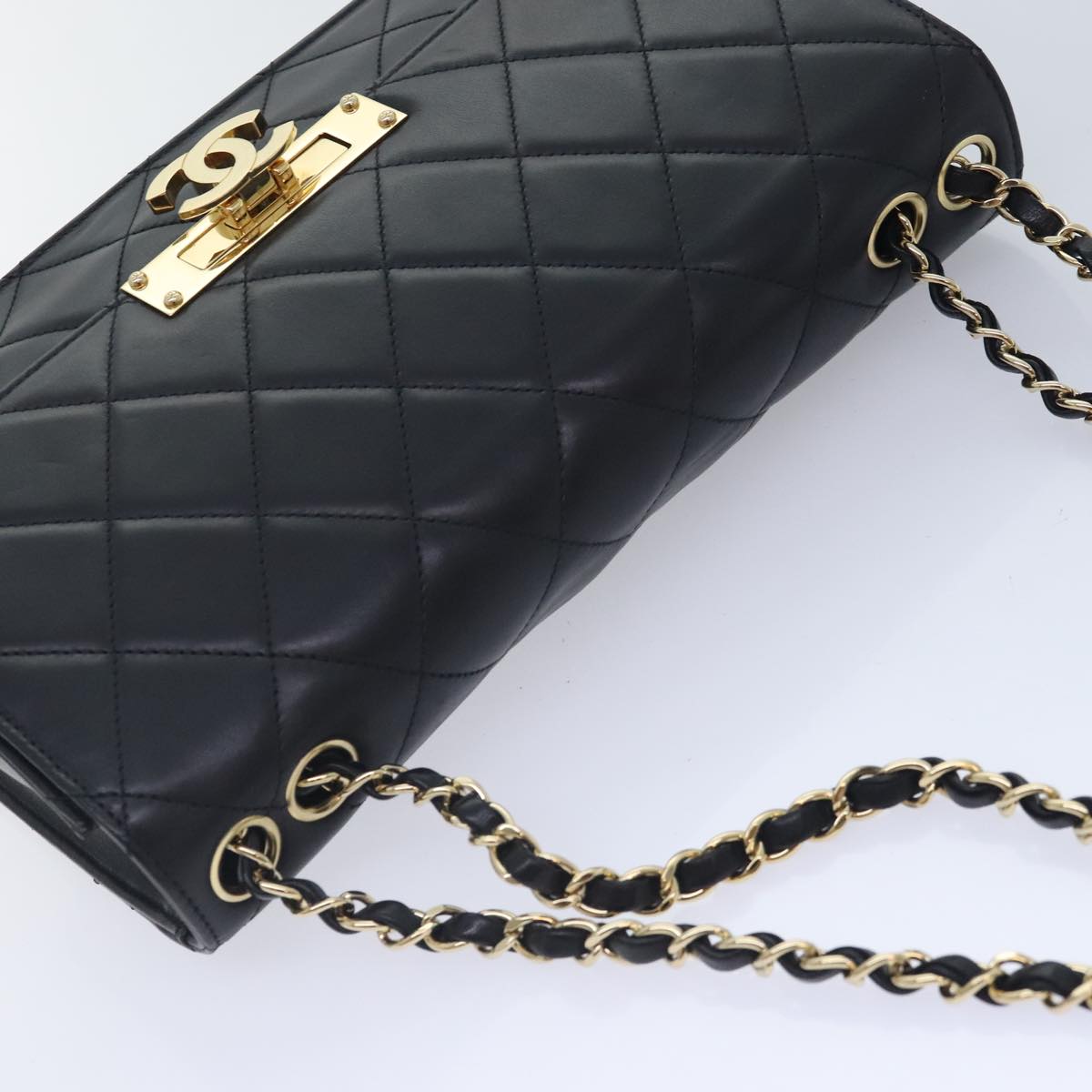 CHANEL Matelasse  COCO Mark Chain Bag Lamb Skin Black Gold CC Auth yk15214A