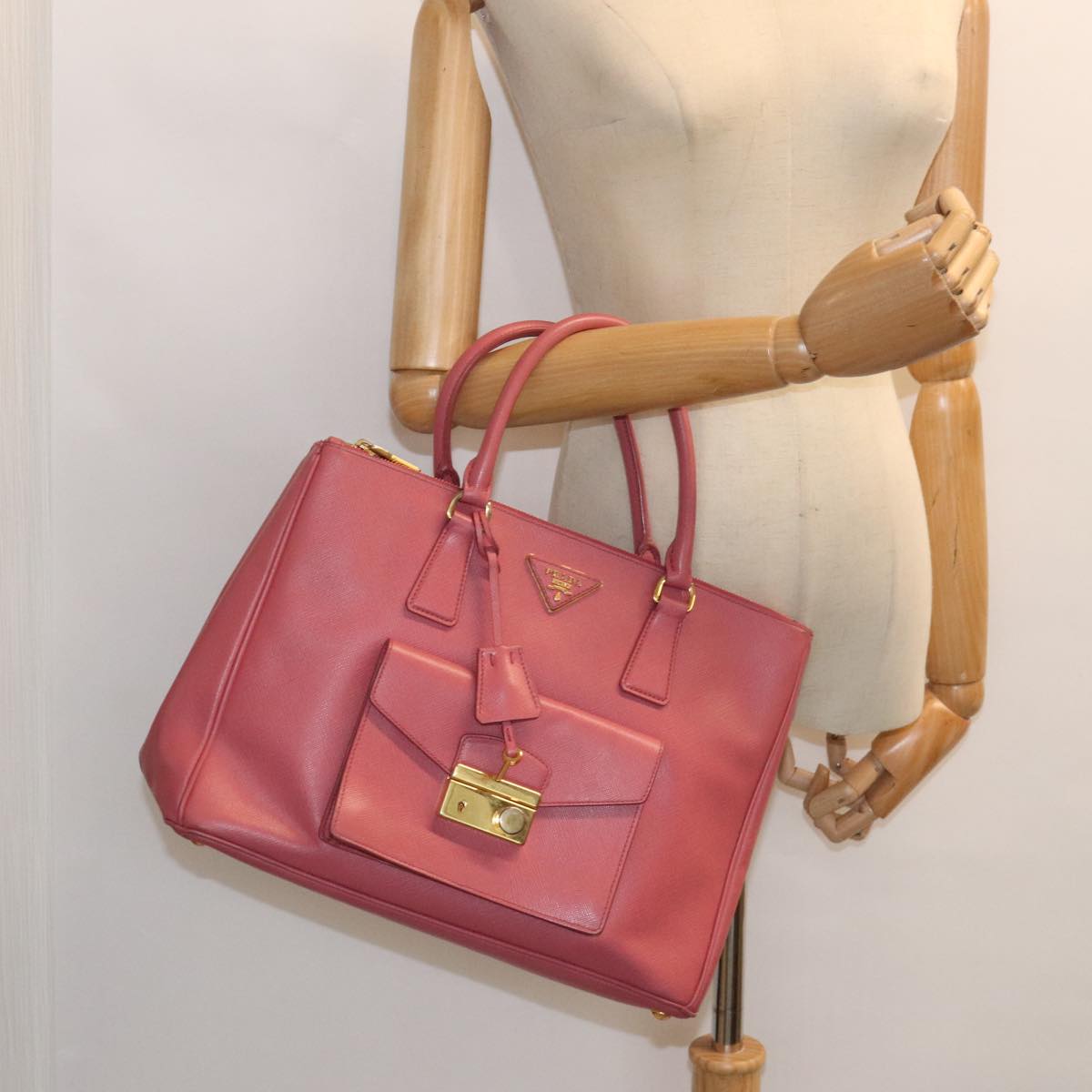 PRADA Hand Bag Safiano leather Pink Gold Auth yk15229