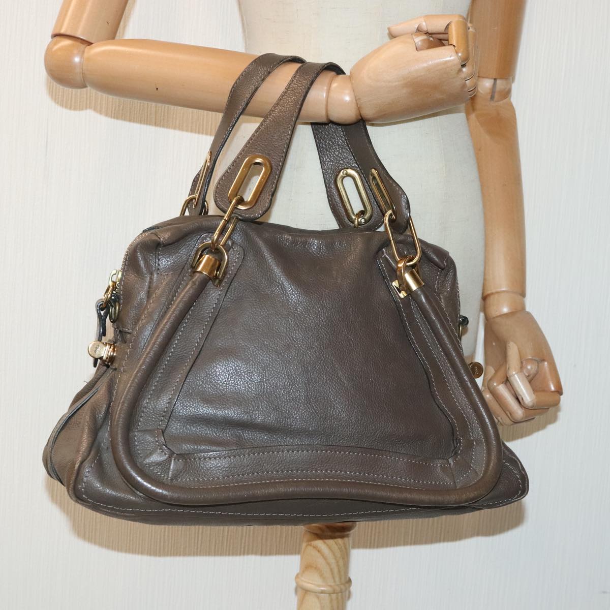 Chloe Paraty Hand Bag Leather 2way Brown Gold Auth yk15233