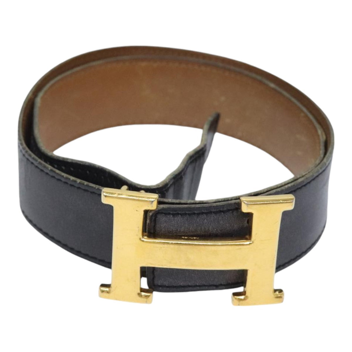 HERMES Constance belt Belt Leather 30.3"" Black Gold Auth yk15235