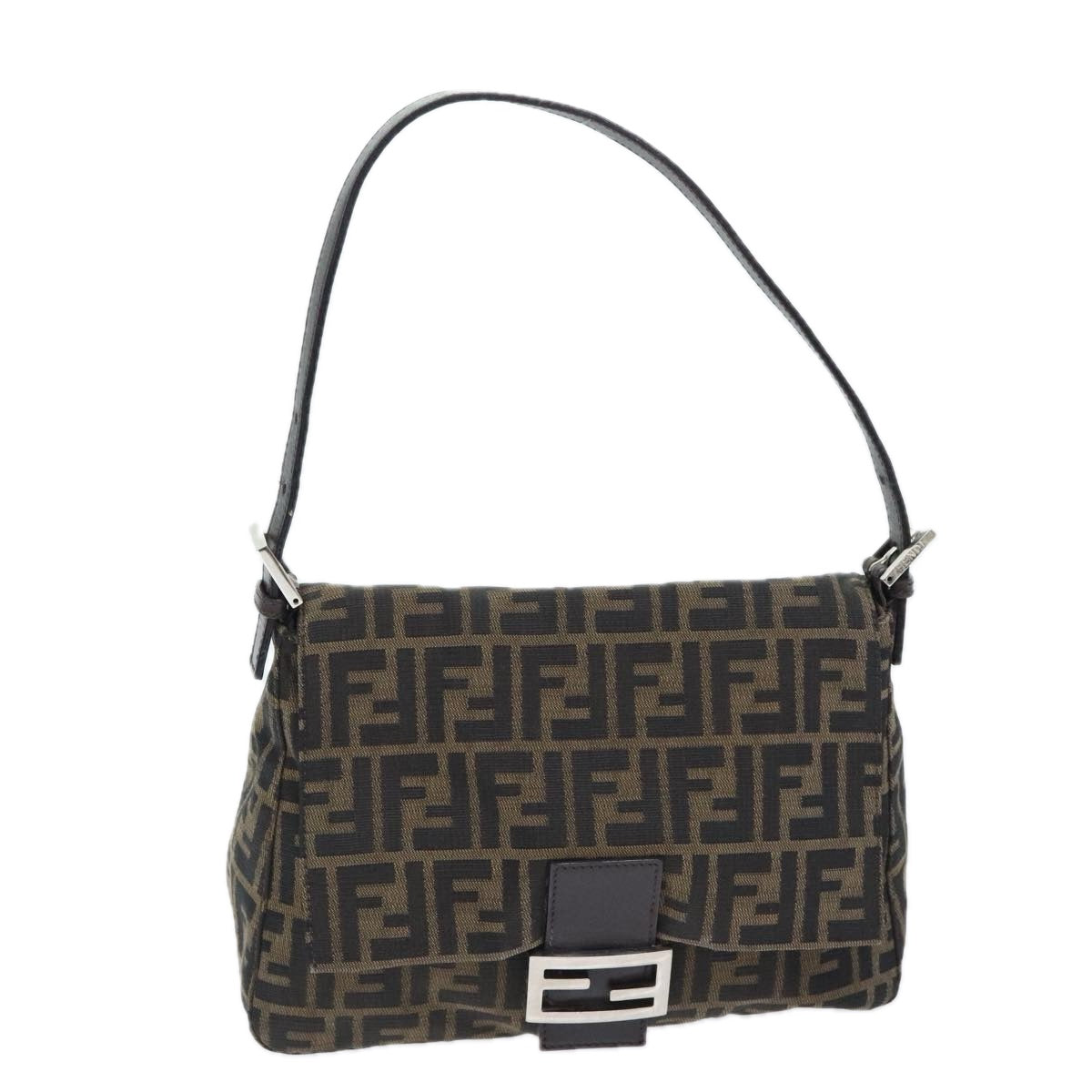 FENDI Zucca Canvas Mamma Baguette Shoulder Bag Brown Black Silver Auth yk15236