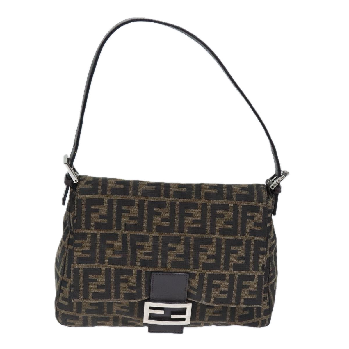 FENDI Zucca Canvas Mamma Baguette Shoulder Bag Brown Black Silver Auth yk15236