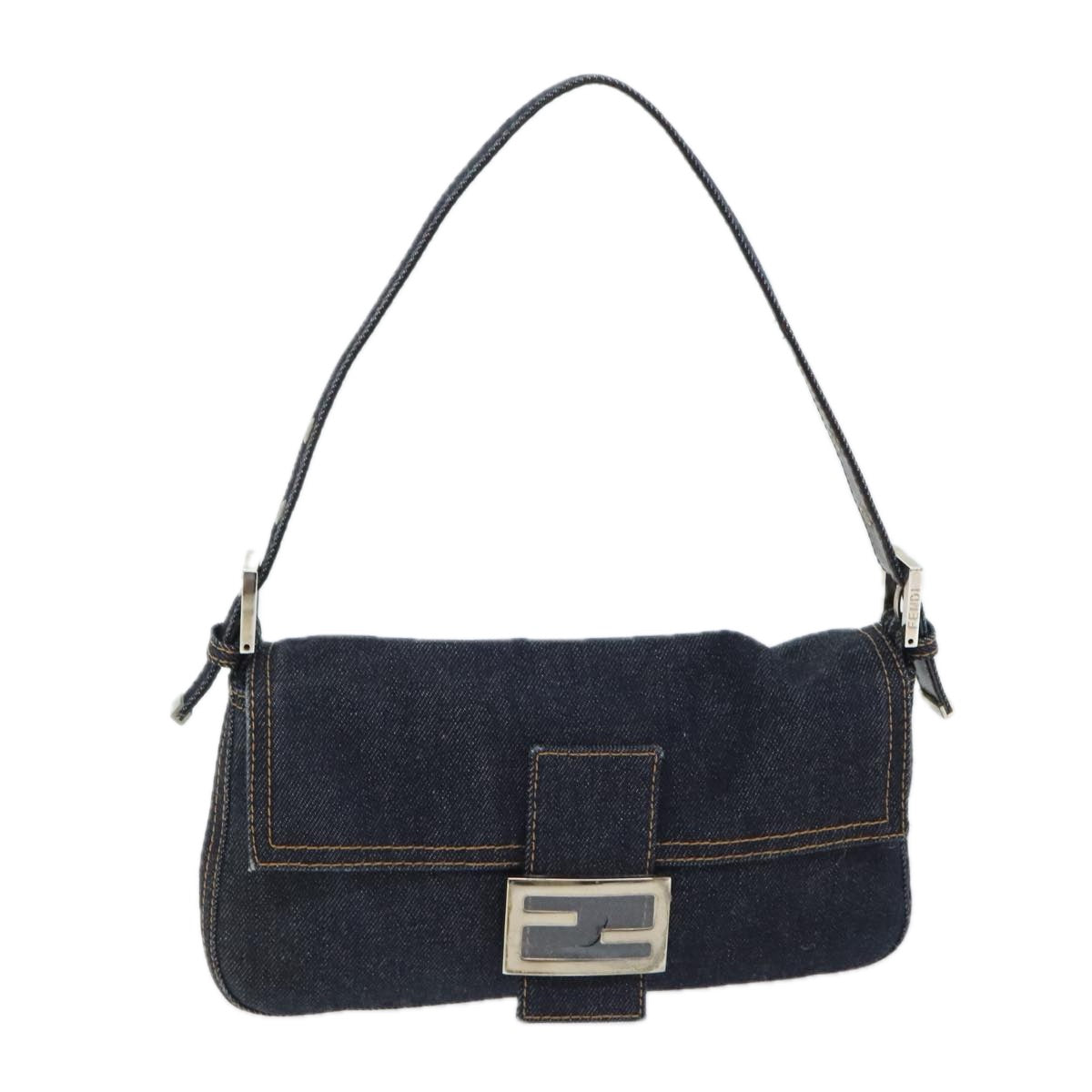 FENDI Mamma Baguette Shoulder Bag Denim Navy Silver Auth yk15240A