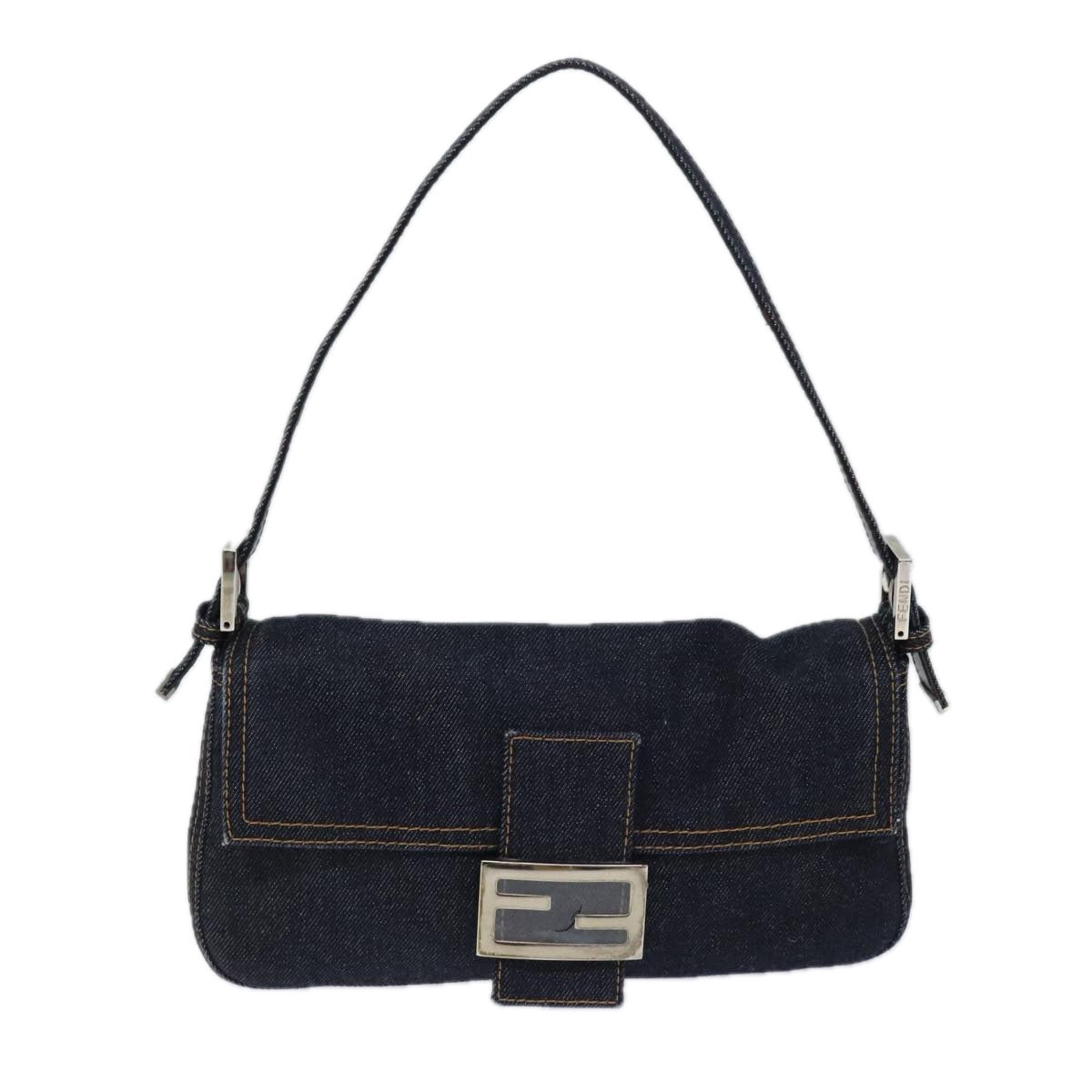 FENDI Mamma Baguette Shoulder Bag Denim Navy Silver Auth yk15240A