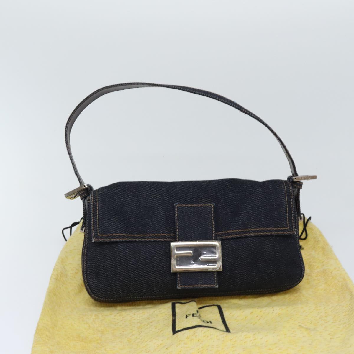 FENDI Mamma Baguette Shoulder Bag Denim Navy Silver Auth yk15240A