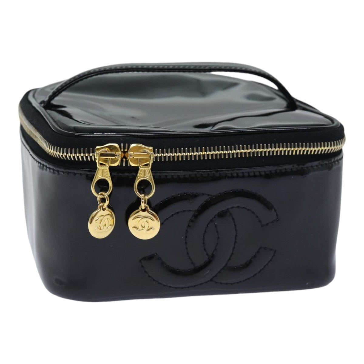 CHANEL COCO Mark Vanity Pouch Patent leather Black Gold CC Auth yk15241