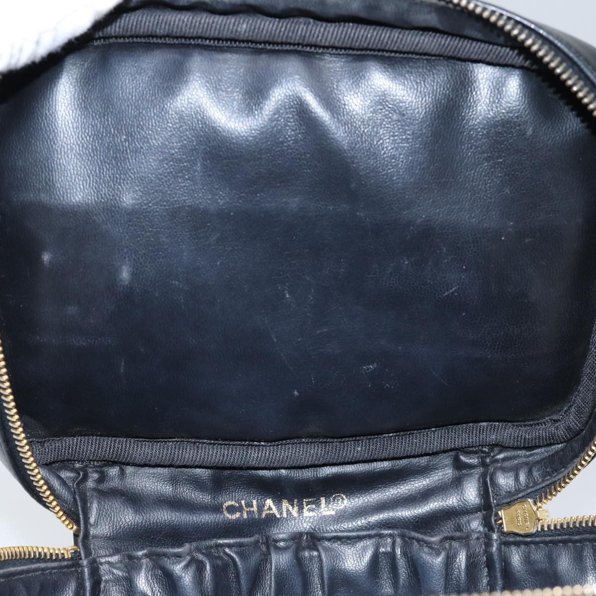 CHANEL Vanity Bicolore Pouch Leather Black Gold CC Auth yk15250