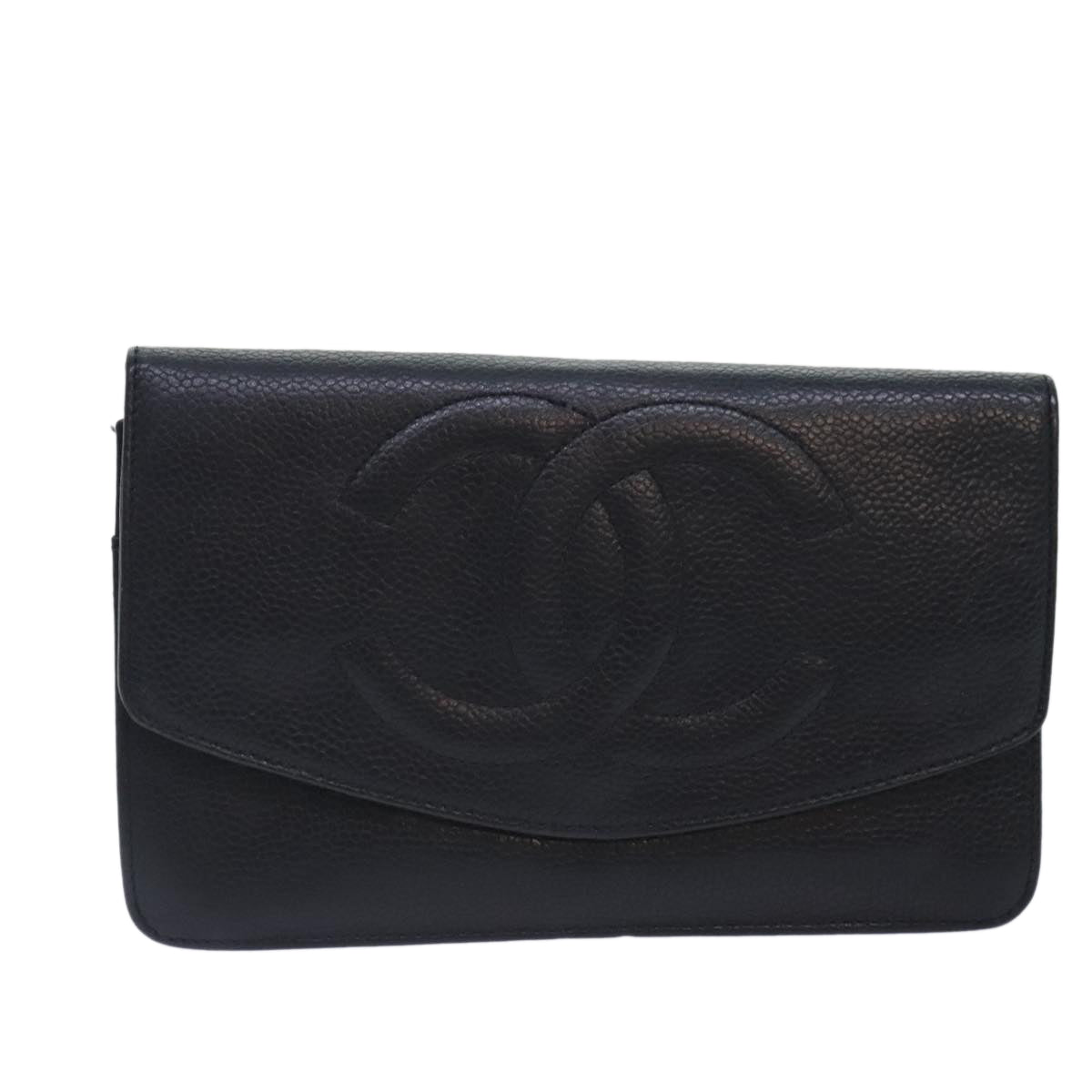 CHANEL COCO Mark Wallet Caviar Skin Black Gold CC Auth yk15253