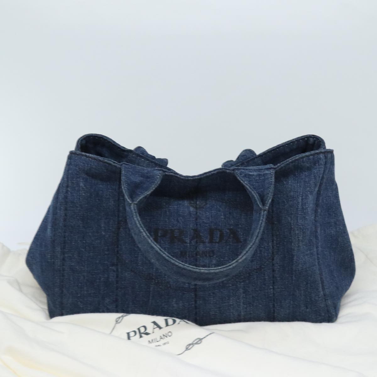 PRADA Canapa MM Hand Bag Denim Blue Gold Auth yk15254