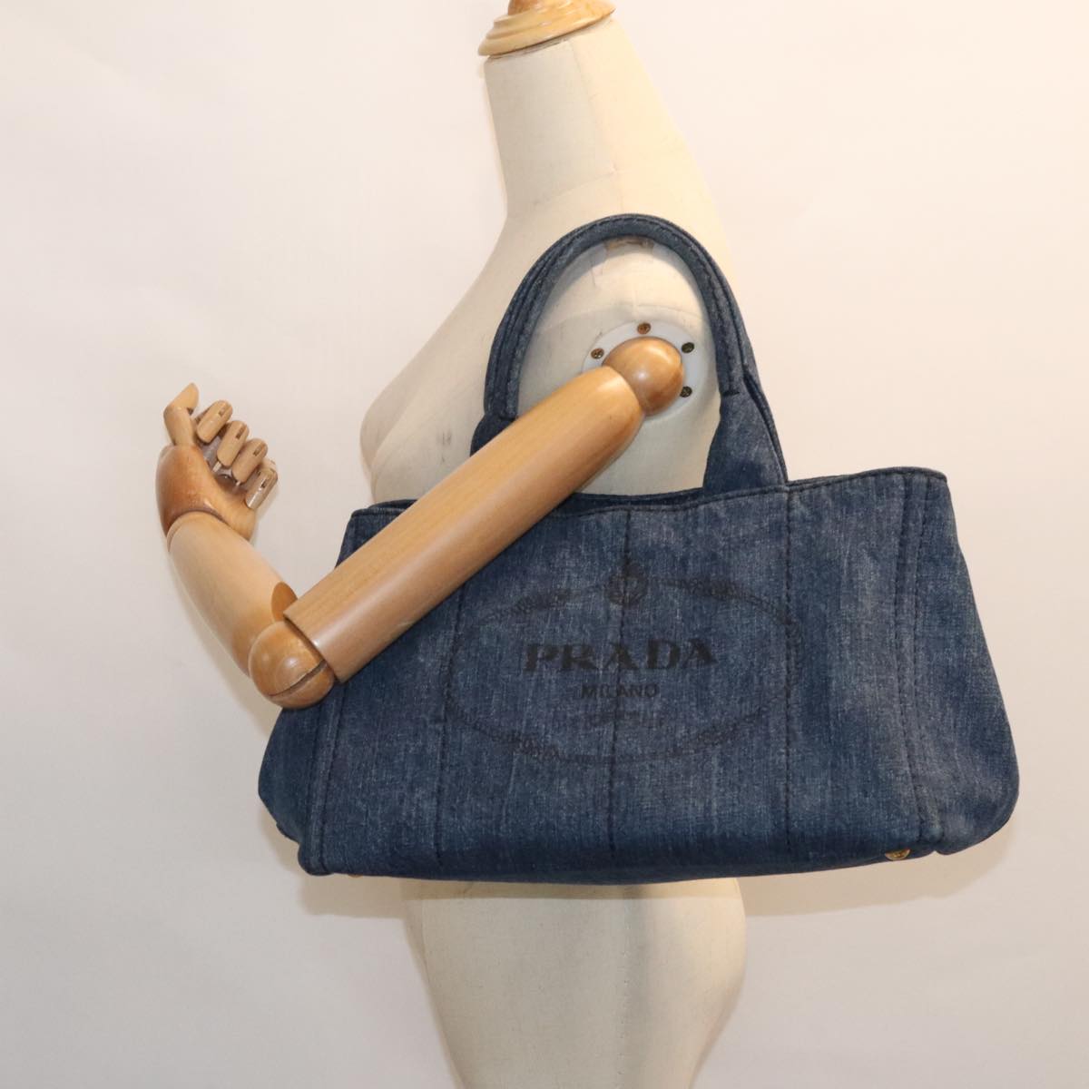 PRADA Canapa MM Hand Bag Denim Blue Gold Auth yk15254