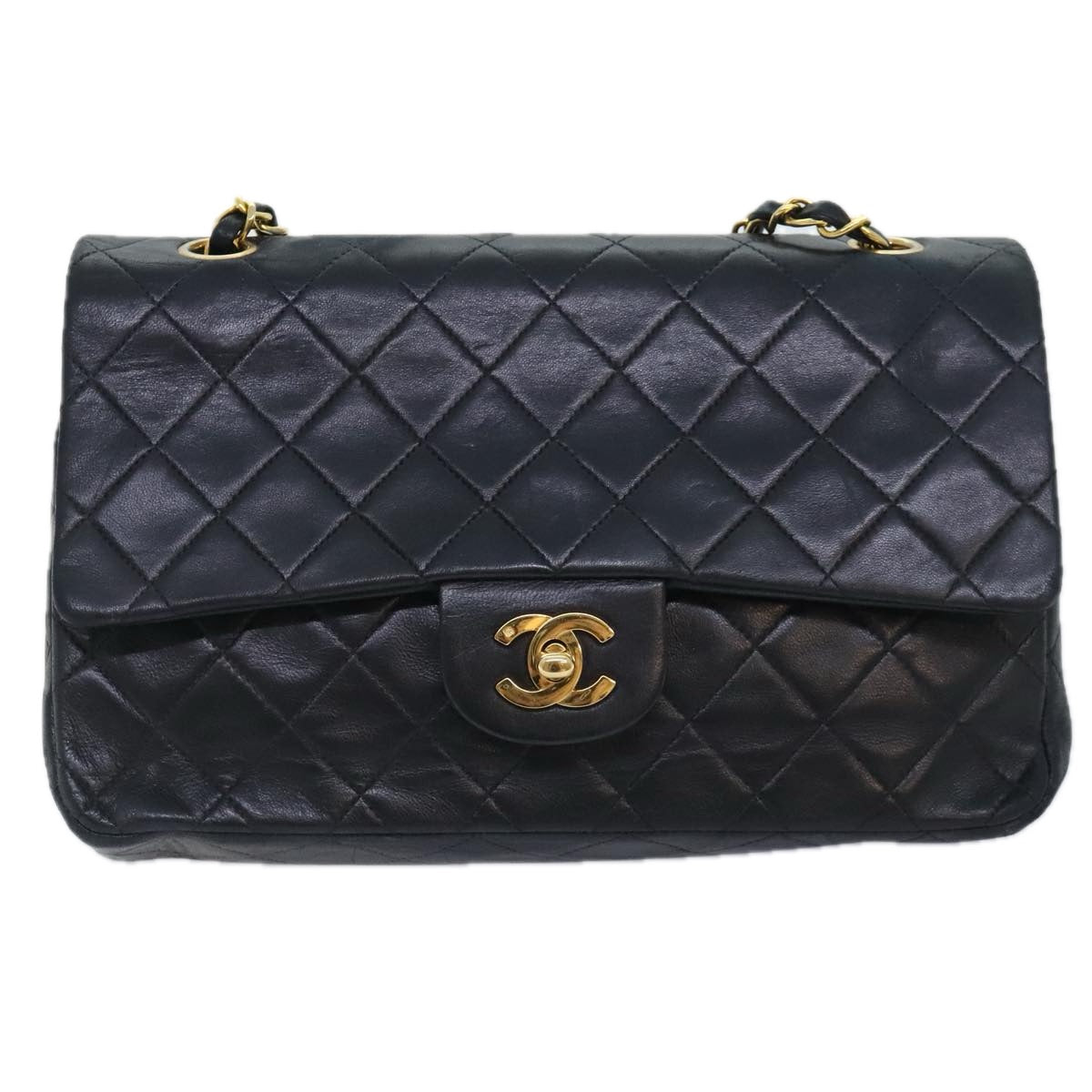 CHANEL Matelasse Turn Lock Chain Shoulder Bag Lamb Skin Black CC Auth yk15263A