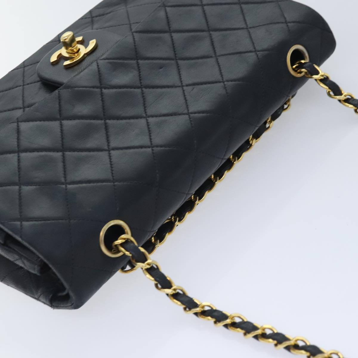 CHANEL Matelasse Turn Lock Chain Shoulder Bag Lamb Skin Black CC Auth yk15263A