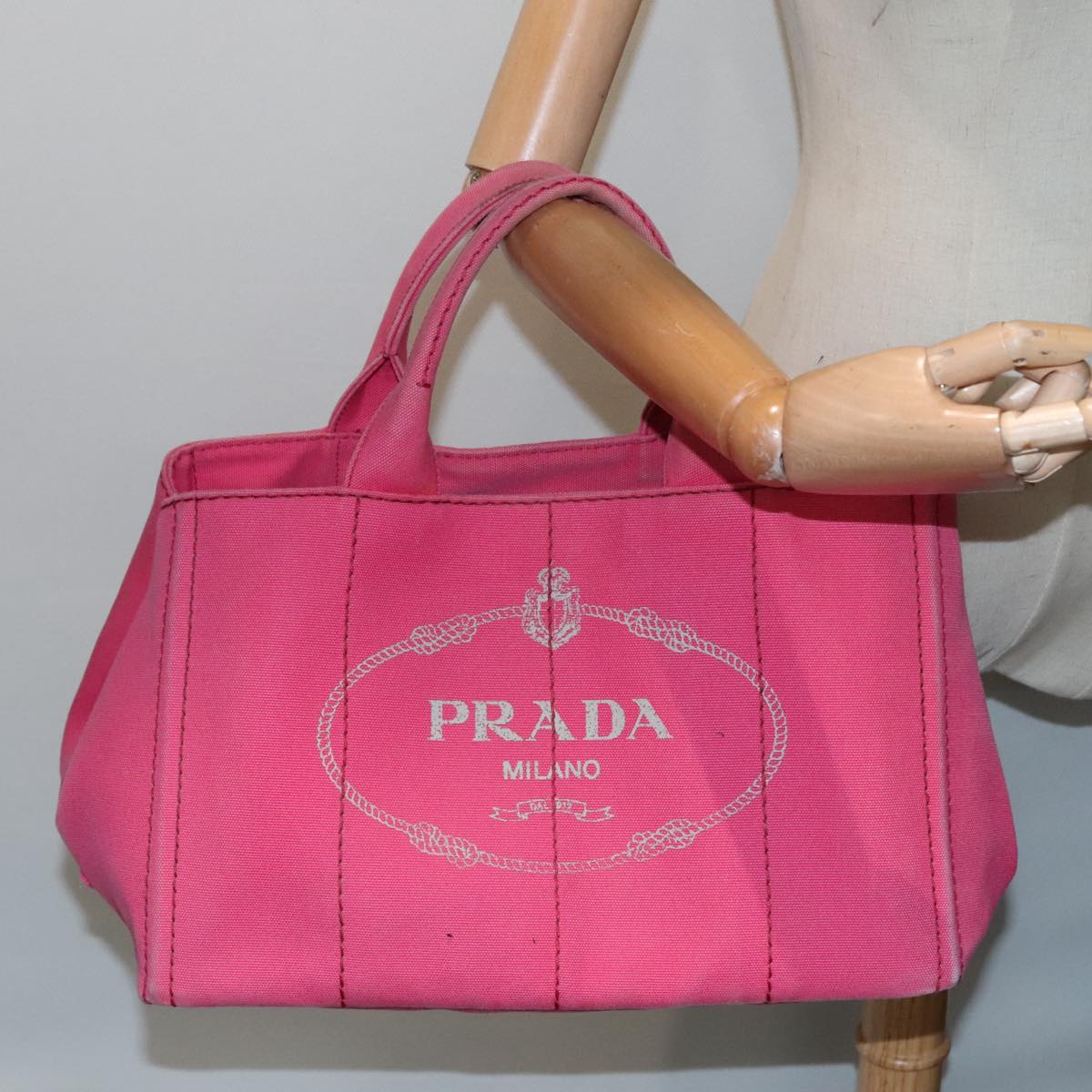 PRADA Canapa MM Hand Bag Canvas Pink Gold Auth yk15280