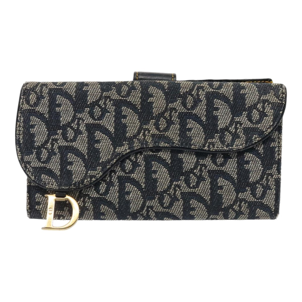 Christian Dior Trotter Canvas Wallet Navy Gold Auth yk15286