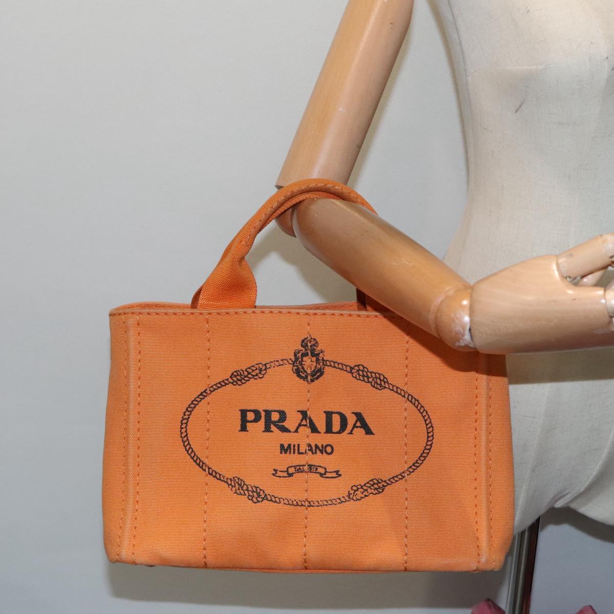 PRADA Canapa PM Hand Bag Canvas Orange Gold Auth yk15292