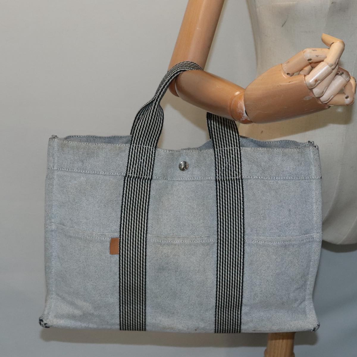 HERMES New Fourre Tout MM Hand Bag Canvas Gray Silver Auth yk15308