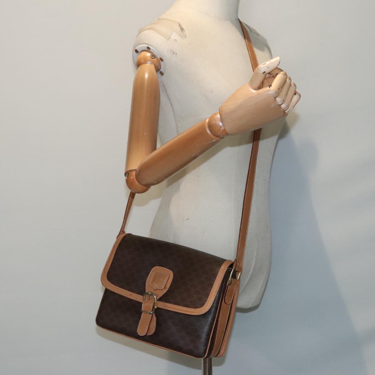 CELINE Macadam Canvas Shoulder Bag PVC Leather Brown Gold Auth yk15311