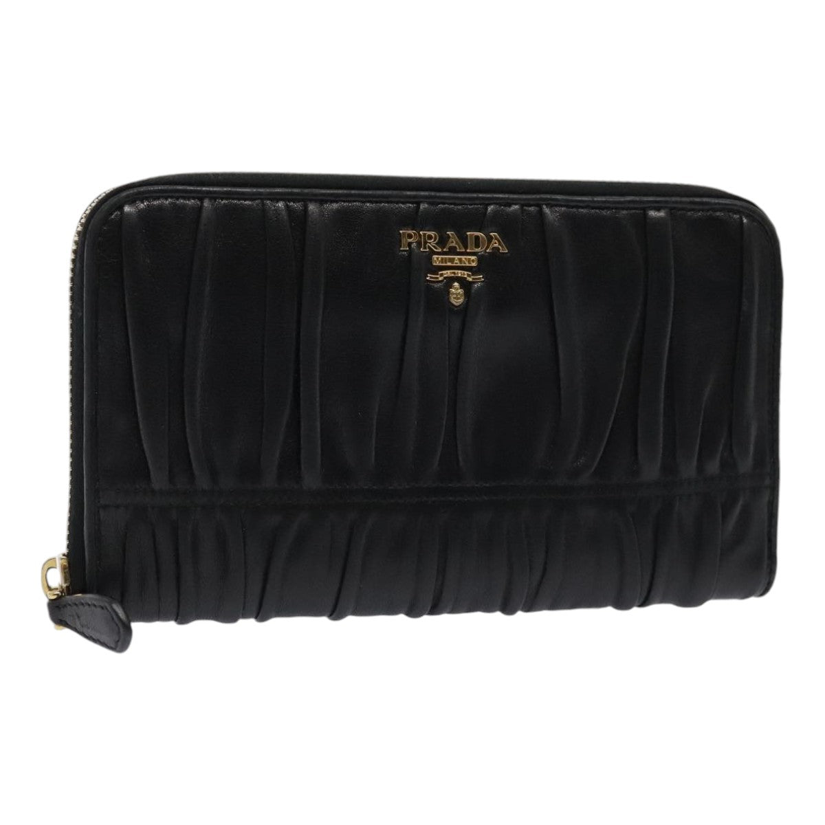 PRADA Gathered Wallet Leather Black Gold Auth yk15313