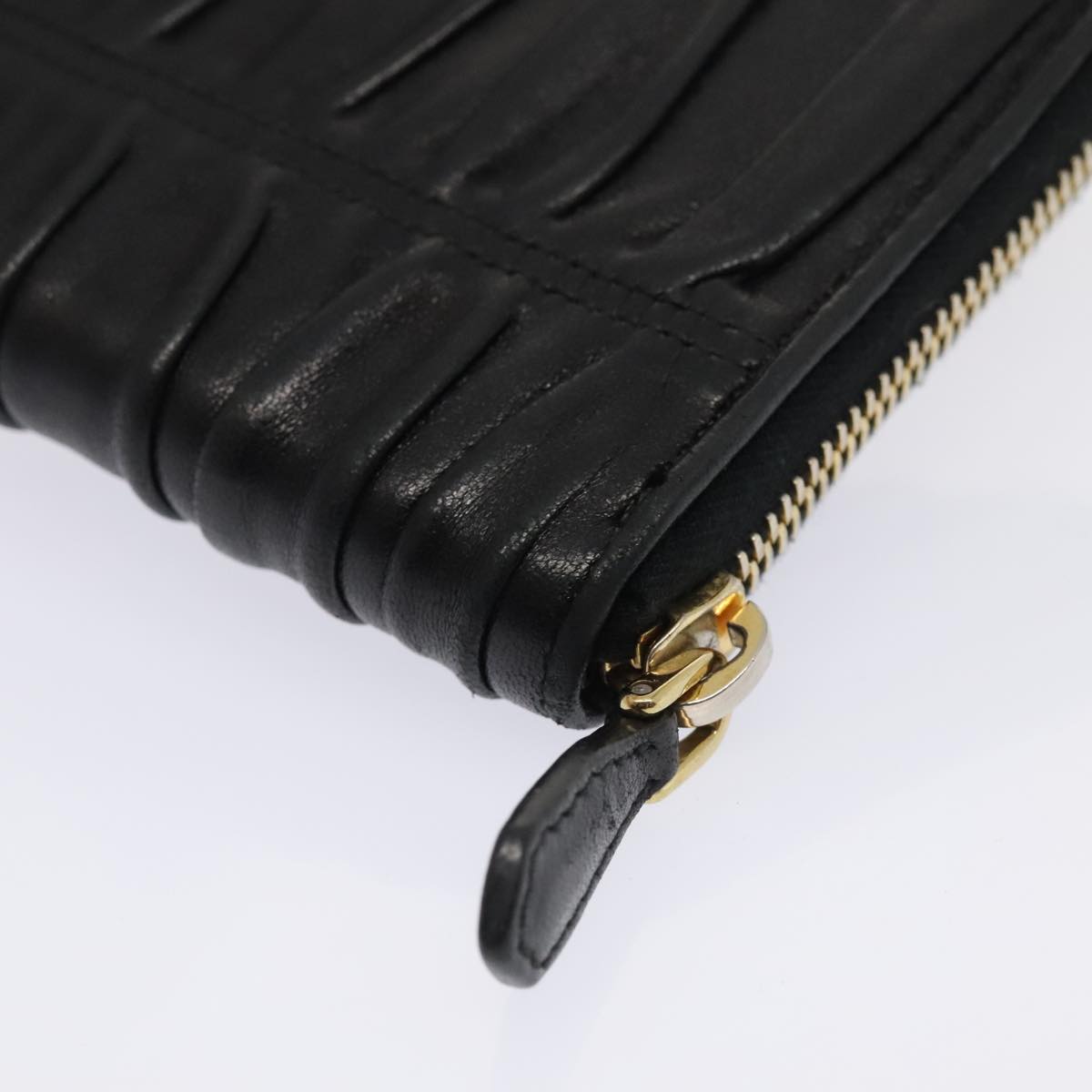 PRADA Gathered Wallet Leather Black Gold Auth yk15313