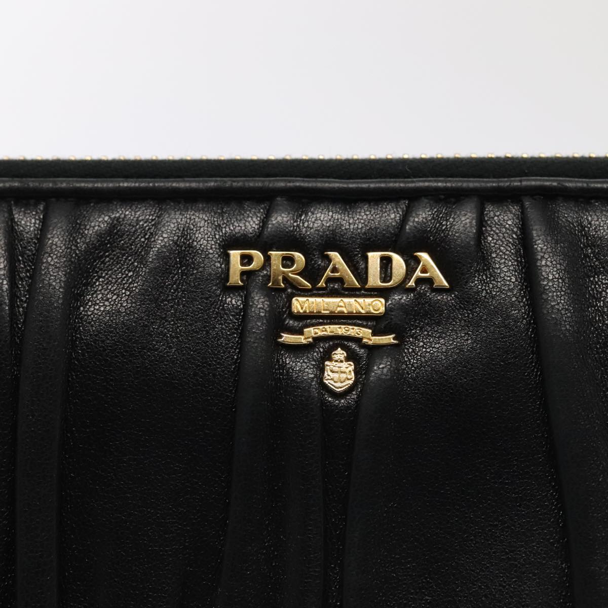 PRADA Gathered Wallet Leather Black Gold Auth yk15313