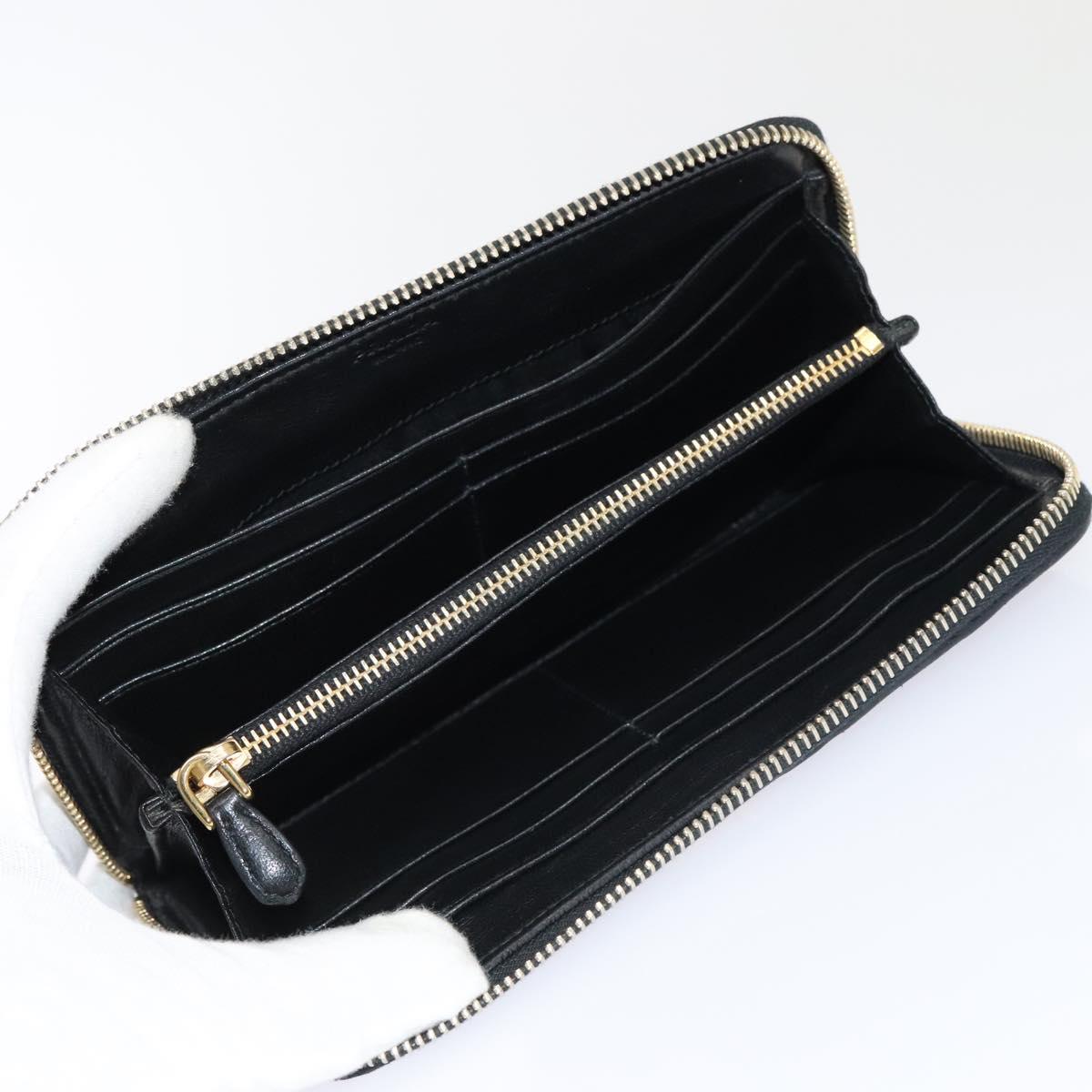 PRADA Gathered Wallet Leather Black Gold Auth yk15313