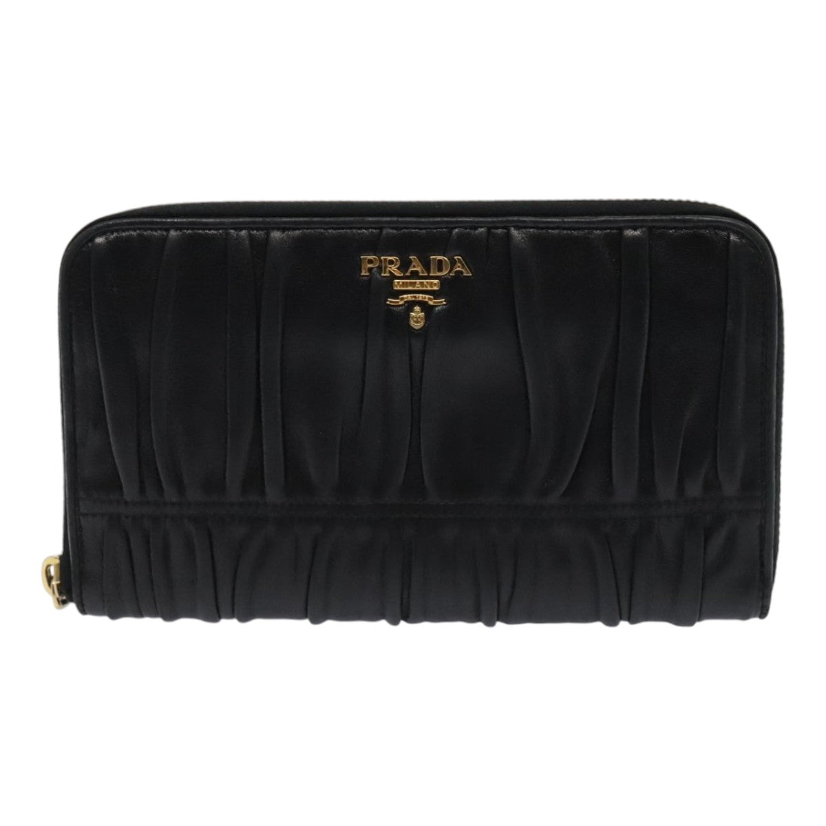 PRADA Gathered Wallet Leather Black Gold Auth yk15313