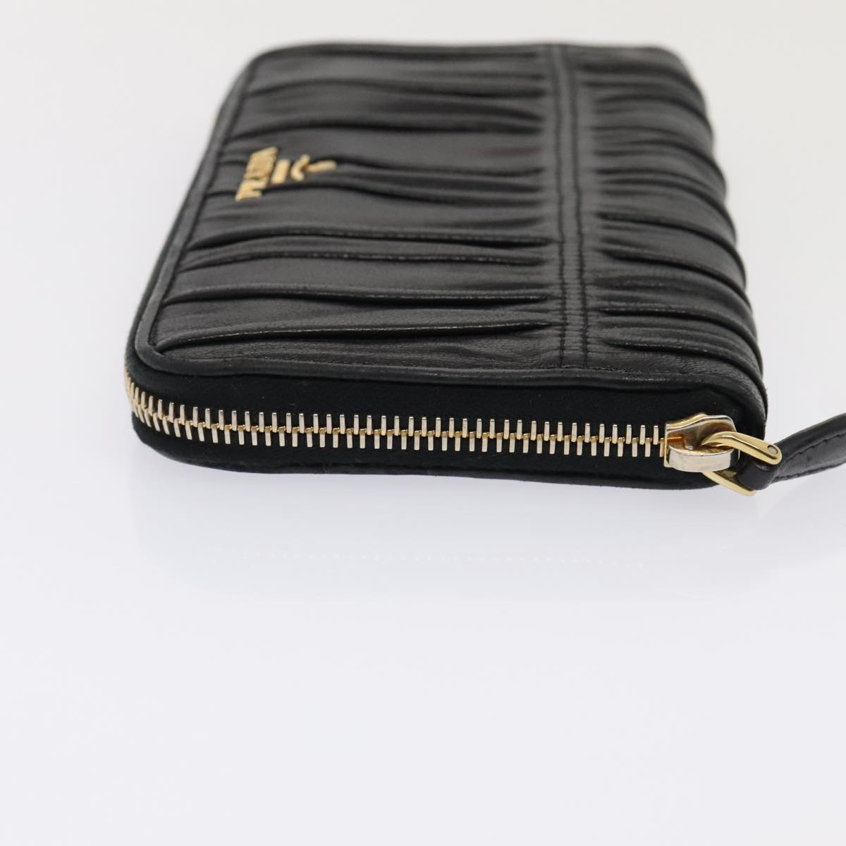 PRADA Gathered Wallet Leather Black Gold Auth yk15313