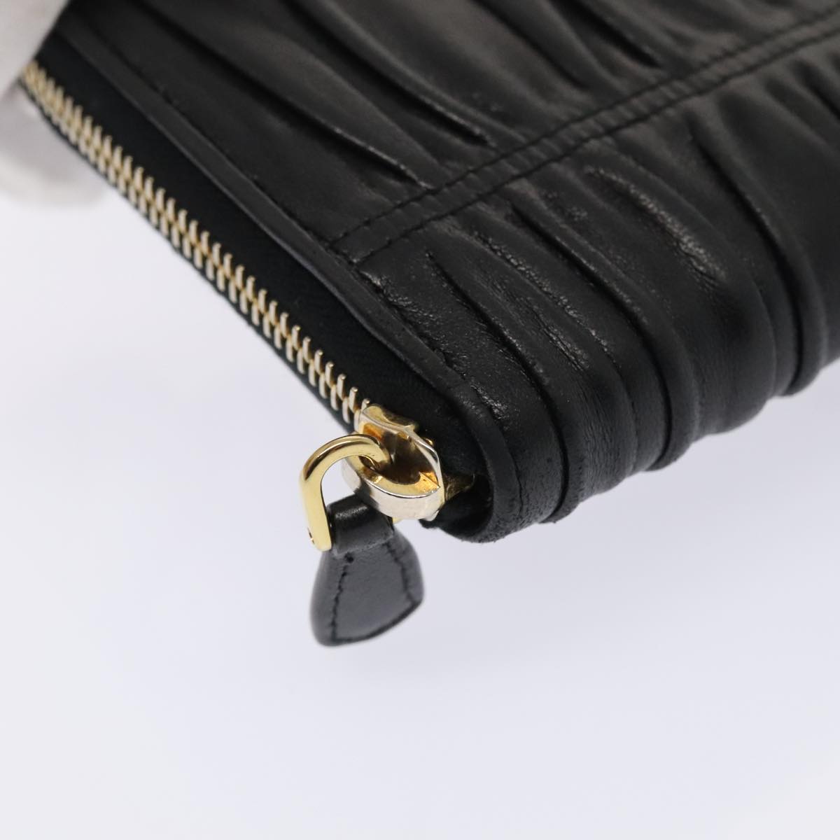 PRADA Gathered Wallet Leather Black Gold Auth yk15313