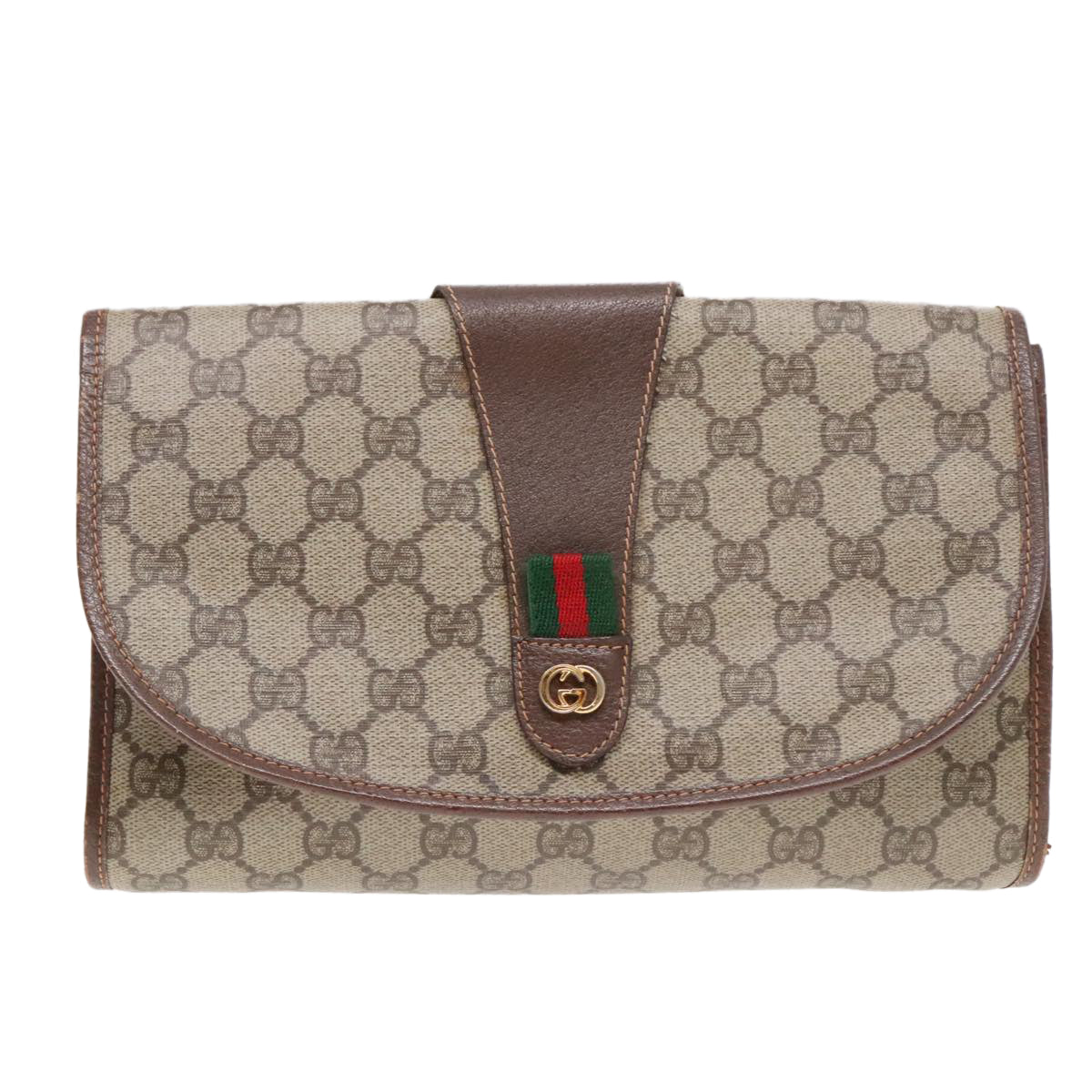 GUCCI GG Supreme Web Sherry Line Clutch Bag PVC Beige 156 01 030 Auth yk15333